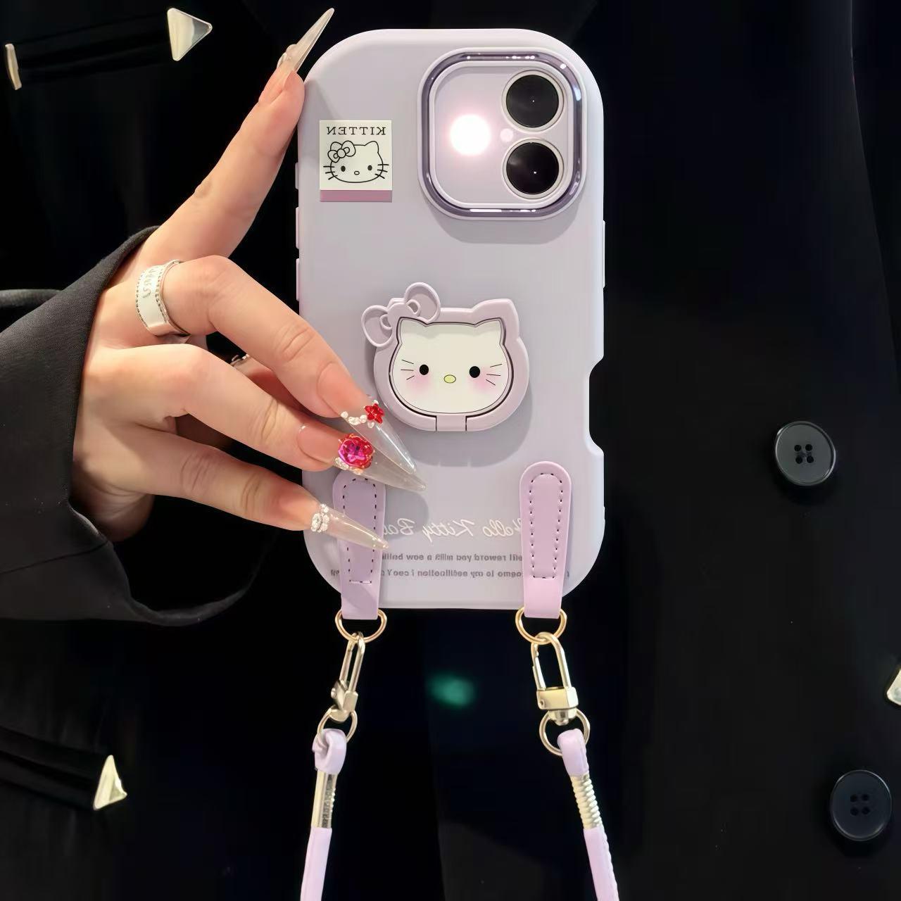 可爱紫色凯蒂猫支架手机壳挂绳