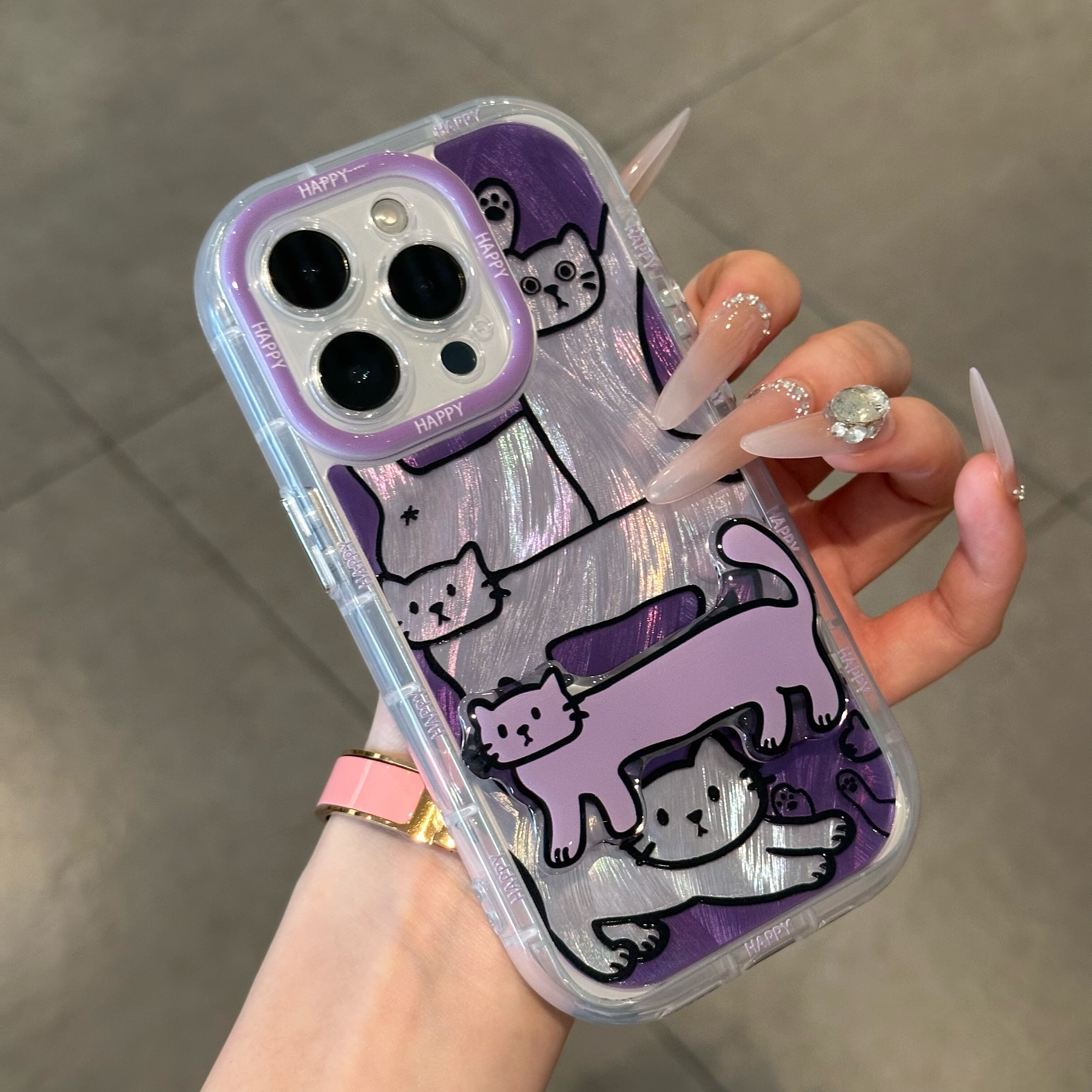 紫色猫咪支架适用苹果16promax手机壳iphone15pro华为mate70新款14卡通12vivo小米17pro荣耀opporeno13红米11