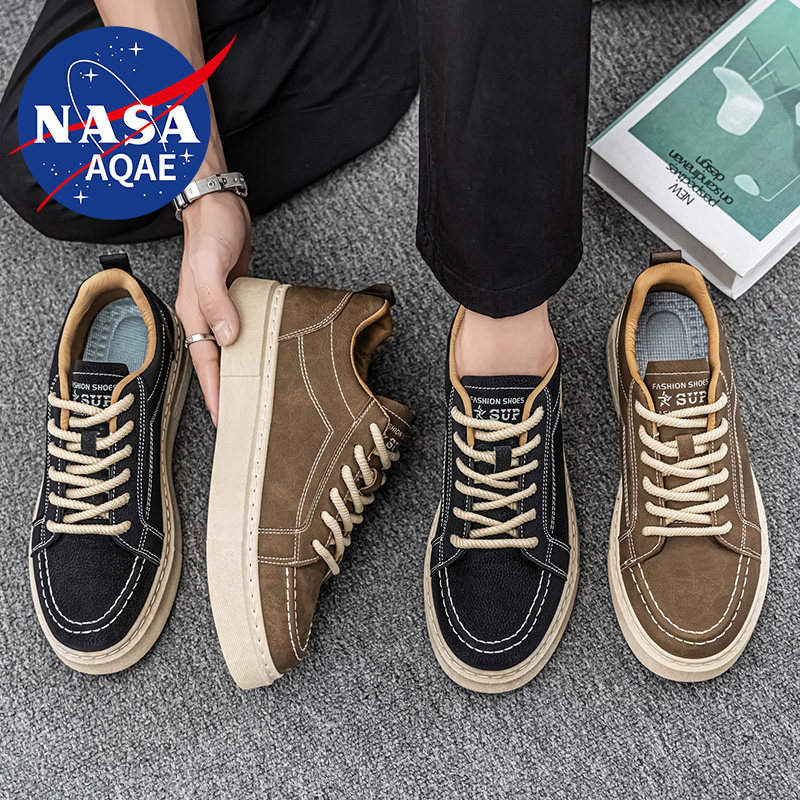 NASA AQAE联名时尚百搭高帮男冬防滑运动鞋皮面休闲鞋平底板鞋潮
