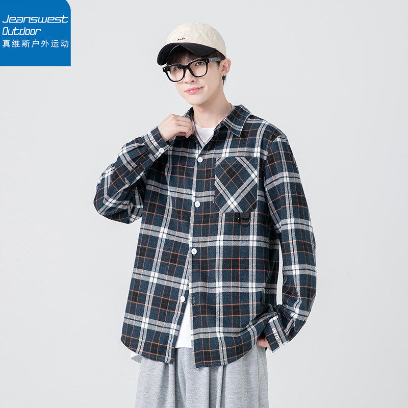 真维斯户外运动美式复古磨毛格子长袖衬衫百搭宽松寸衣情侣款外套