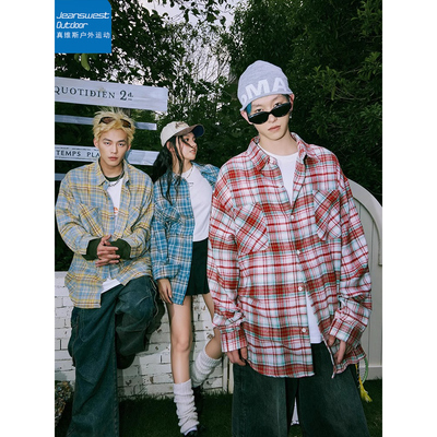真维斯户外运动美式复古磨毛格子长袖衬衫百搭宽松寸衣情侣款外套