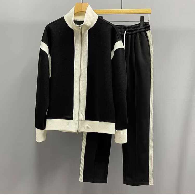 秋冬新款拼接休闲运动套装男时尚潮流个性外套卫衣卫裤痞帅两件套