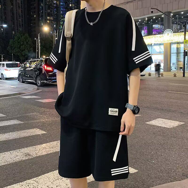 套装男夏季冰丝短袖t恤短裤运动服男款搭配一套帅气穿搭条纹落肩