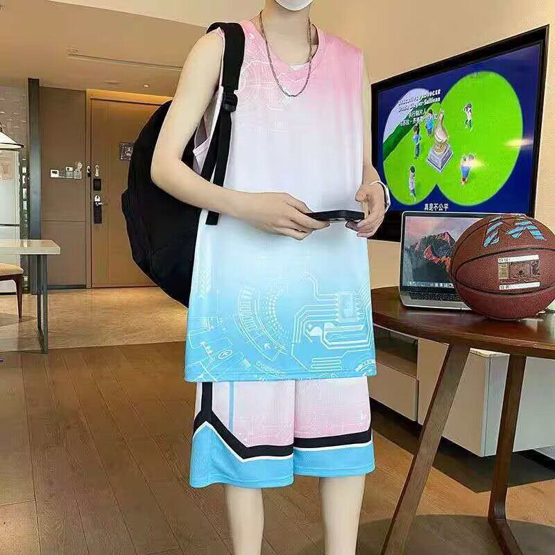 夏季冰丝无袖t恤背心短裤篮球服套装男运动坎肩速干帅气健身球衣