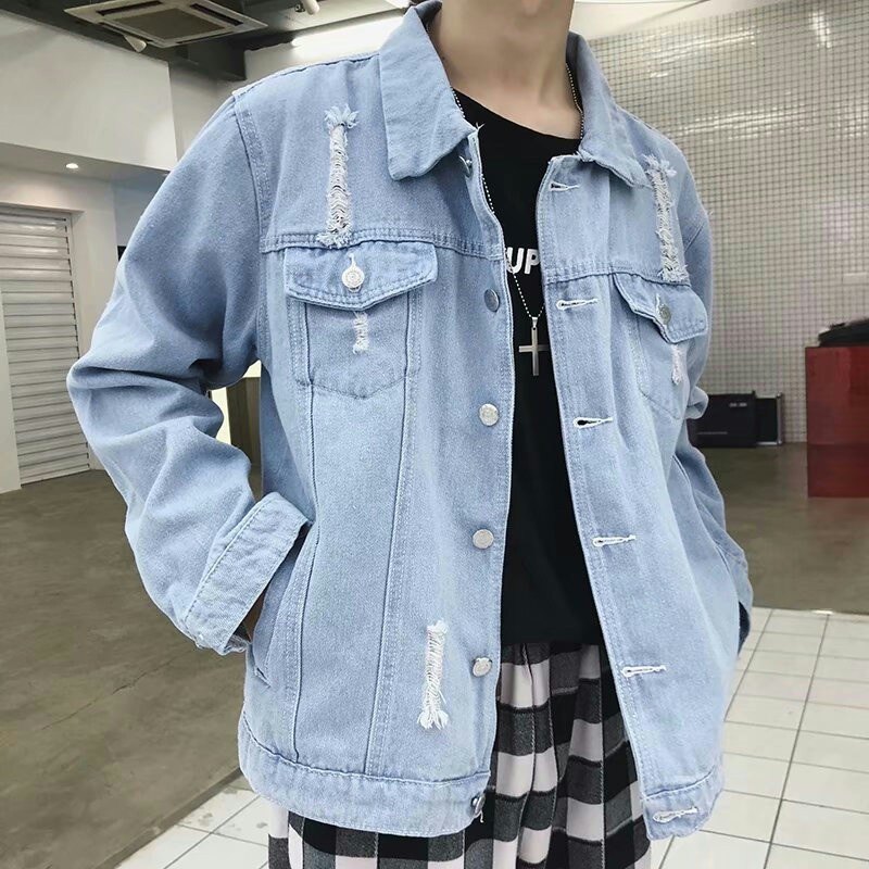 牛仔外套男春秋季宽松休闲韩版潮流男装破洞牛仔衣服男士夹克褂子