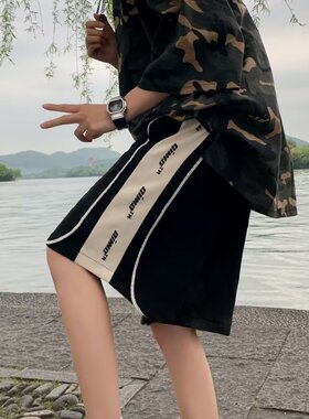 黑色休闲裤麂皮绒夏季五分裤男款痞帅高街短裤侧条纹中裤宽松裤子