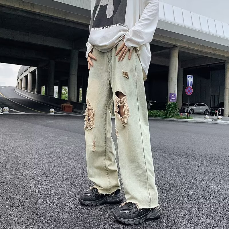 黄泥染高街破洞牛仔裤男美式复古oversize潮牌直筒宽松裤子春秋款