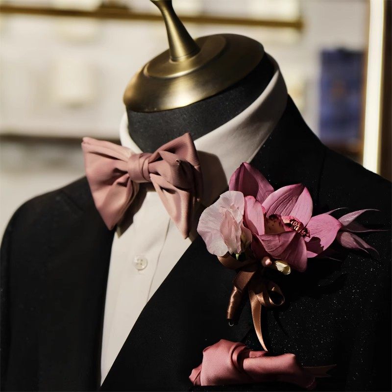 PINK~韩系纯色烟粉水波纹鱼尾领结套盒新郎婚礼结婚主持人宴会