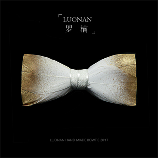 手工定制羽毛领结金色白色渐变新郎伴郎结婚蝴蝶结主持派对司仪