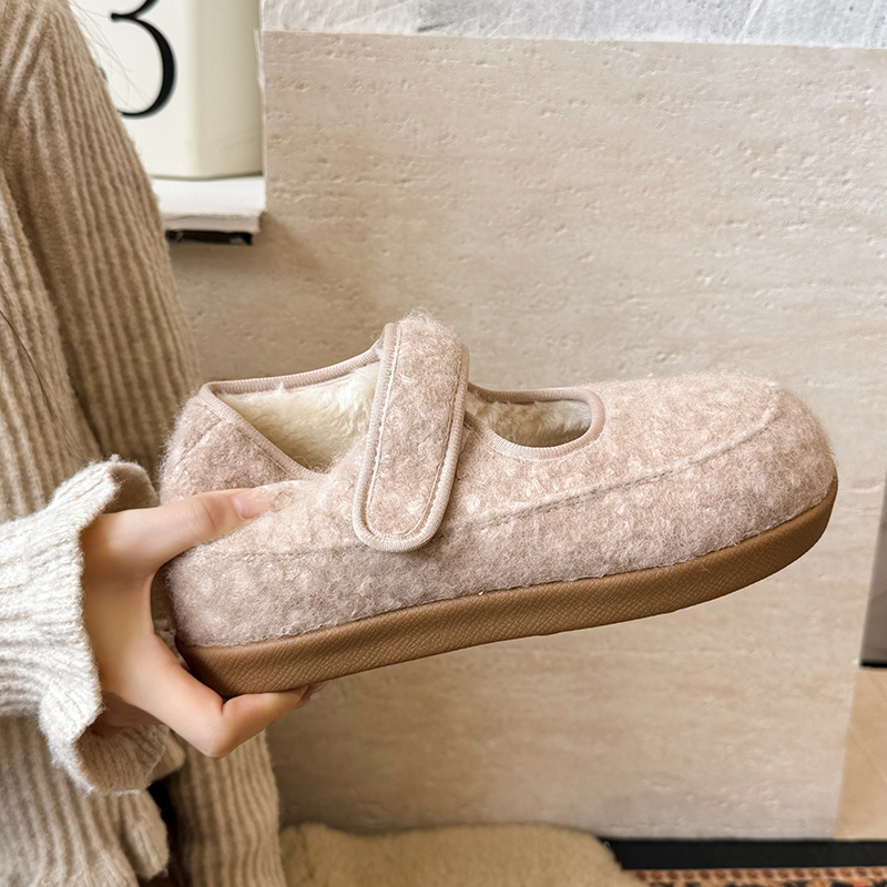 灰色玛丽珍毛毛鞋女冬加绒2025新款保暖魔术贴棉鞋软底豆豆棉鞋