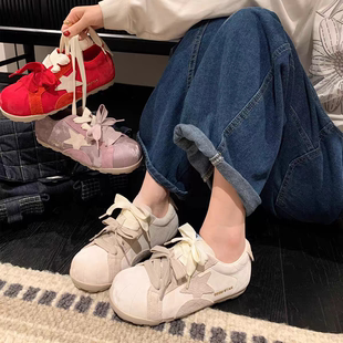 红色真皮内增高德训鞋女春季轻便透气运动赛车阿甘鞋休闲星星板鞋