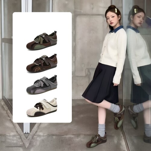 复古德训鞋女2026秋季4cm新款皮面系带防滑舒适平底阿甘鞋小白