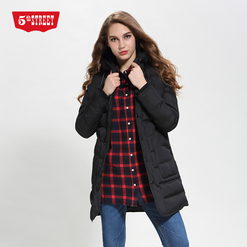第五街5th street冬中长款休闲连帽羽绒服女装保暖外套651412-174
