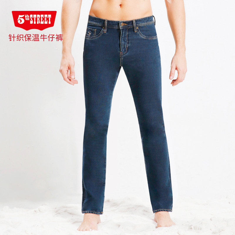 第五街男高腰修身针织保暖牛仔裤加厚大码弹力直筒裤214912-214M0
