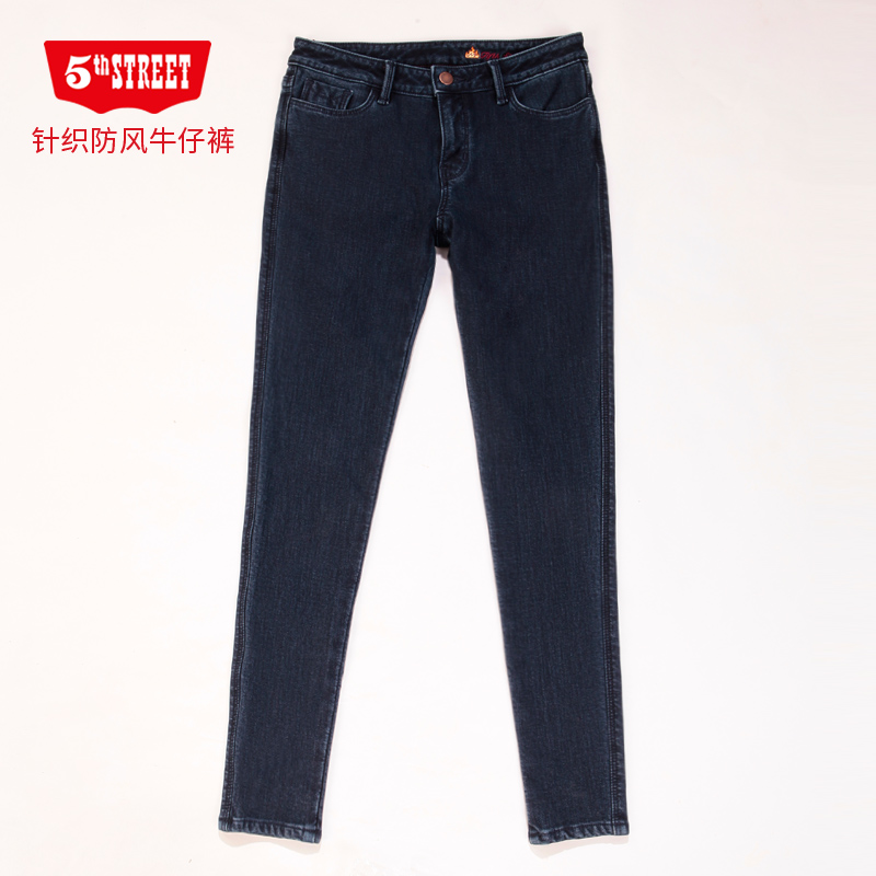 第五街女修身针织防风牛仔裤中腰加厚加绒保暖铅笔裤114886-174