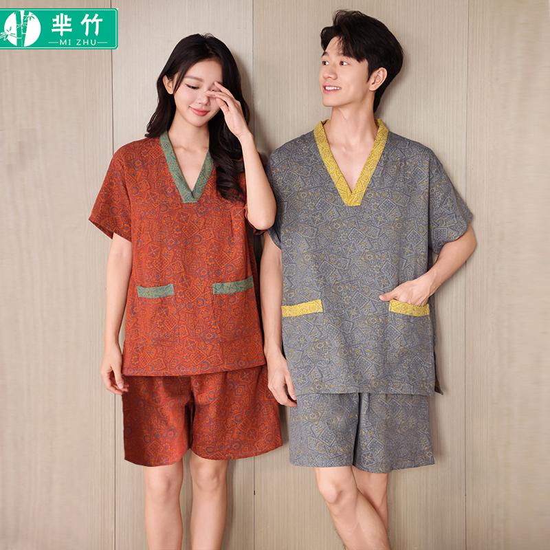 芈竹 纯棉复古家居睡衣女款汗蒸服情侣款洗浴大码男款浴衣桑拿服
