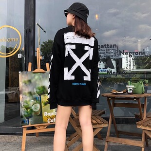 春秋男女同款 潮牌 OFF毛刷印花WHITE卫衣OW斑马线箭头休闲圆领长袖