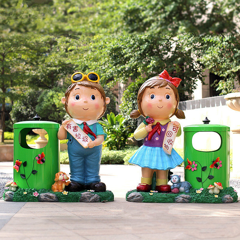 花园装饰品玻璃钢雕塑卡通小孩人物摆件园林景观幼儿园创意垃圾桶
