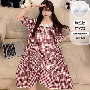 宽松睡裙透气舒适家居服2031 星 睡衣女季 甜美格纹带胸垫短袖