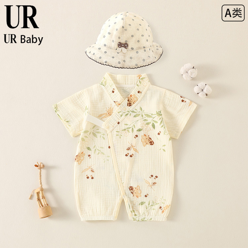 【撤柜专区】品牌专柜婴儿连体衣帽子套装夏薄款纱布短袖爬服哈衣