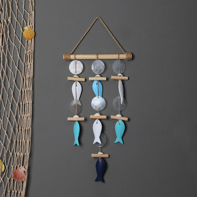 地中海贝壳鱼串挂件墙面入户门窗挂饰实木麻绳风铃阳台治愈系装饰