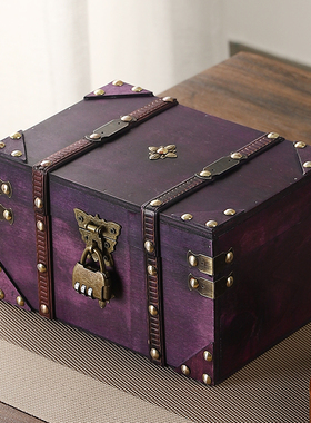 紫色复古带锁储物箱桌面收纳盒密室逃脱道具木箱子古风摆件礼品盒