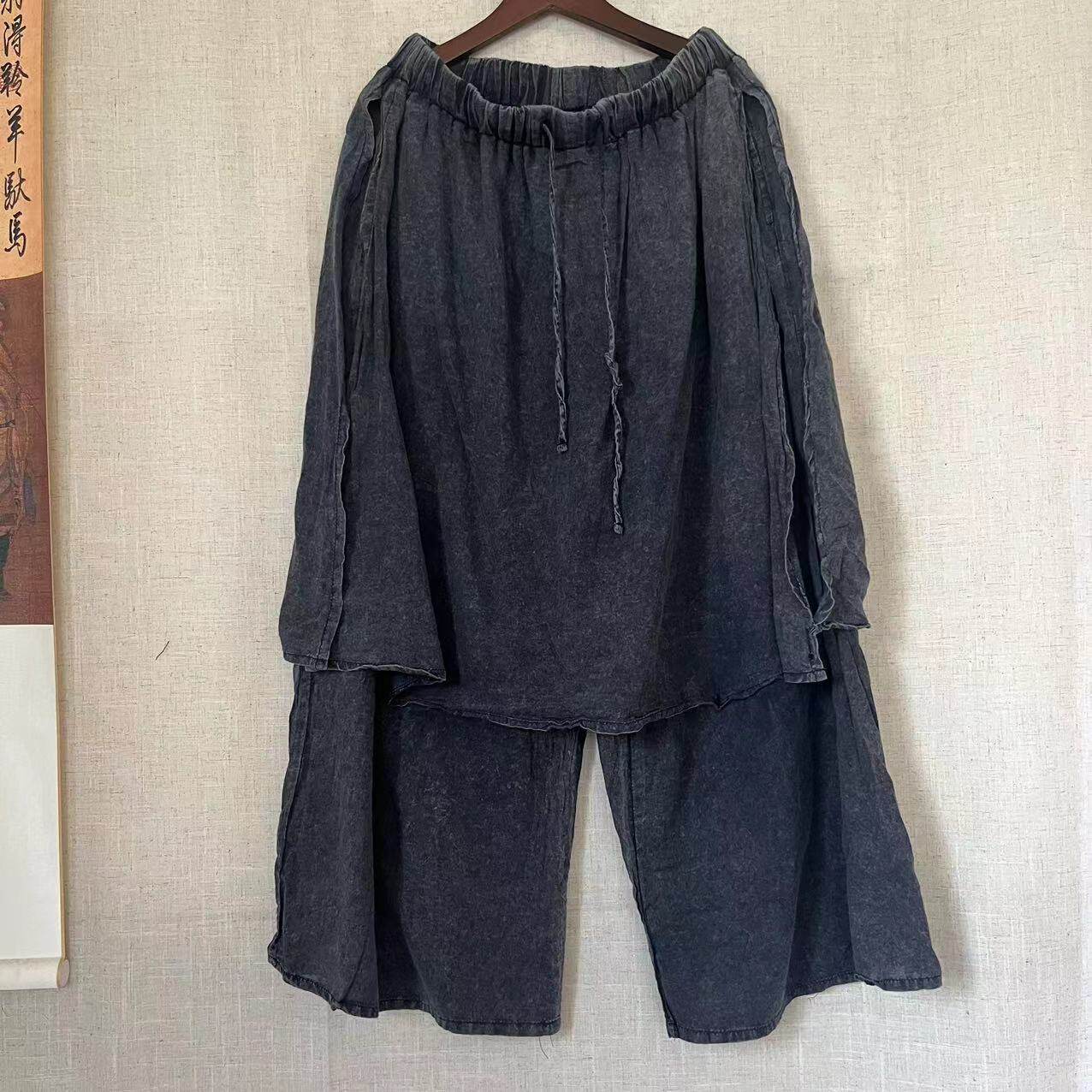 宽松绣花阔腿裤贴布刺绣盘扣复古九分裤显瘦中国风女夏棉麻裤子