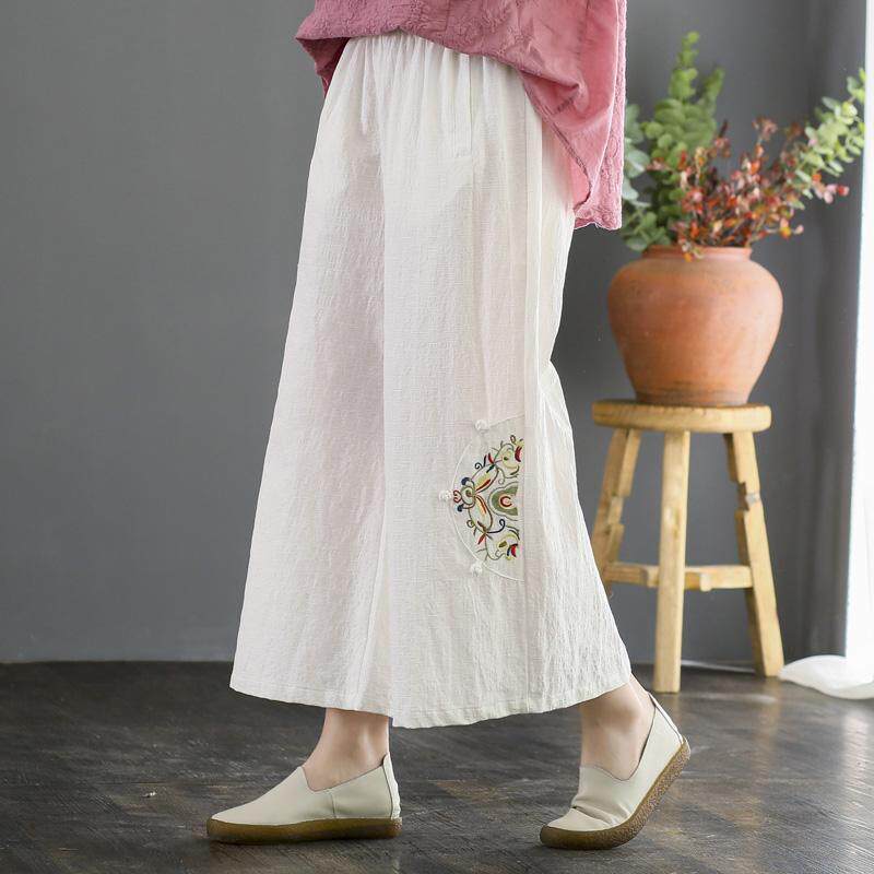 宽松绣花阔腿裤贴布刺绣盘扣复古九分裤显瘦中国风女夏棉麻裤子