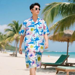 短袖衬衫海南岛新款宽松休闲度假男女同款三亚度假薄款大码沙滩服