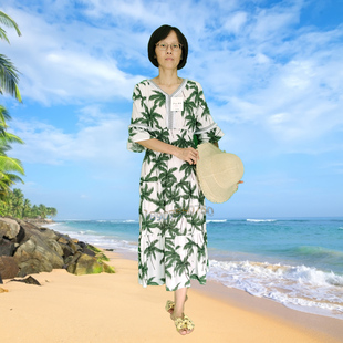 高腰度假寬松顯瘦中袖 三亞旅游島服款 花卉歐美大碼 女裝 沙灘連衣裙