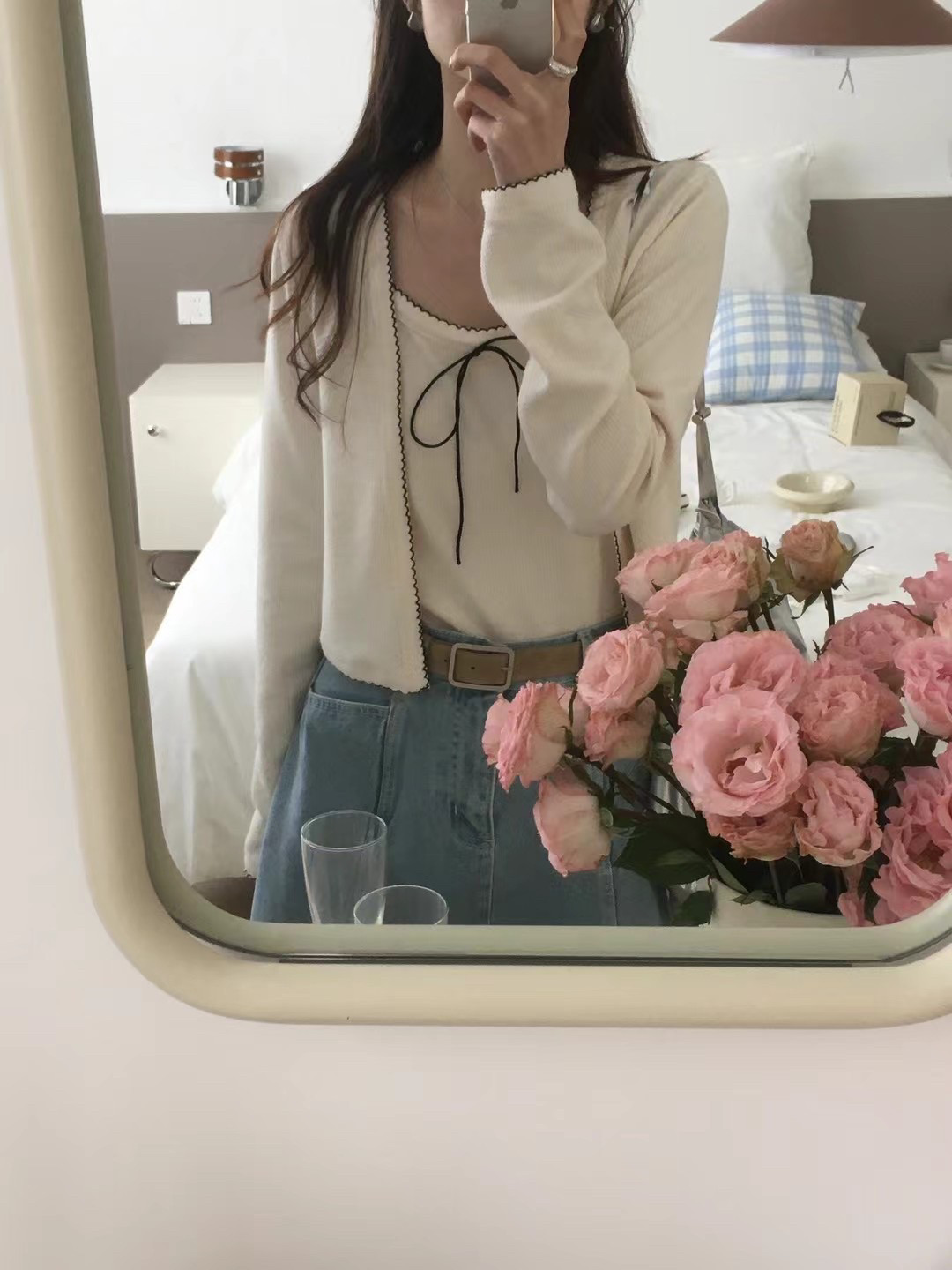 现货韩系撞色花边开衫吊带两件套绑带设计甜美 批fa价私信客服