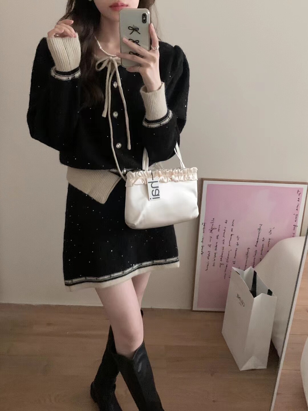 现货 正版 高品质复古小香风羊毛针织两件套 蝴蝶结绑带甜美