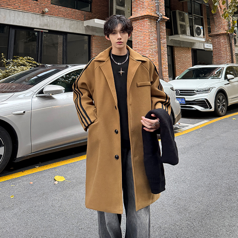 现货潮牌插肩袖三条杠毛呢大衣男加厚中长款风衣外套DY001-P108，男装风衣，电商A456（原C415）