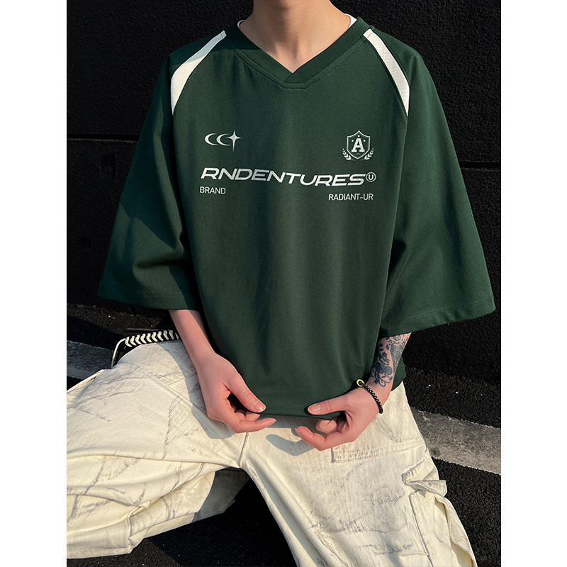 新款300克潮牌复古夏季小细格t恤男拼色短袖宽松版T902-P40绿,男装T恤,电商A456（原C415）