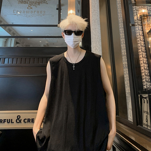 t恤黑 宽松运动坎肩美式 B33特P22控39肌理冰感潮牌无袖 背心男夏季