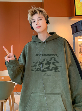 现货爆款420高克重磅秋冬麂皮绒连帽情侣卫衣男外套JP78-P55绿色