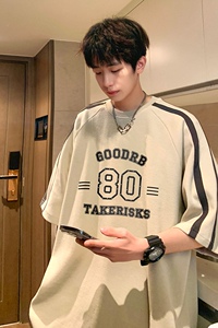 T585-P40控59夏季潮牌男士潮流T恤上衣插肩袖宽松织带重磅短袖图片