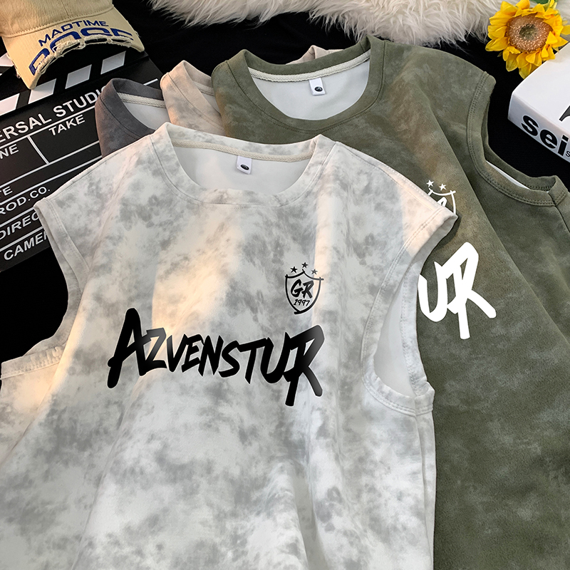 ZRB124-P22控38潮牌扎染无袖背心男夏季宽松运动坎肩美式t恤，男装背心/马甲，电商A456（原C415）