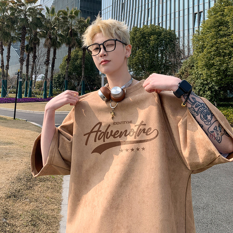 现货JPT81特P25控39烧花插肩袖麂皮绒夏季美式复古短袖T恤,男装T恤,电商A456（原C415）