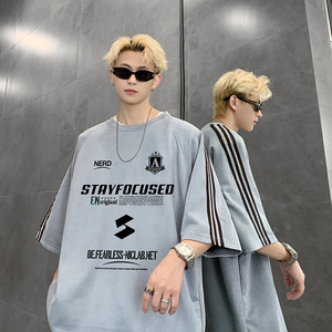 现货JPT23-P28特美式插肩袖短袖男T恤夏季麂皮绒宽松三条杠浅蓝图片