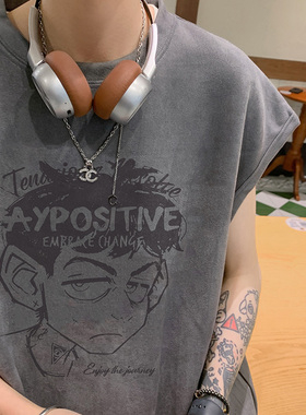 B06特P20潮牌烧花无袖背心男夏季宽松运动坎肩美式t恤