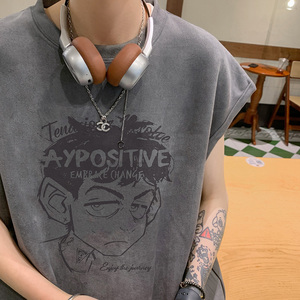 B06特P20潮牌烧花无袖背心男夏季宽松运动坎肩美式t恤XIN图片