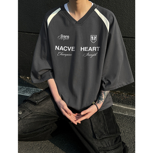 新款300克潮牌复古夏季小细格t恤男拼色短袖宽松版T901-P40图片