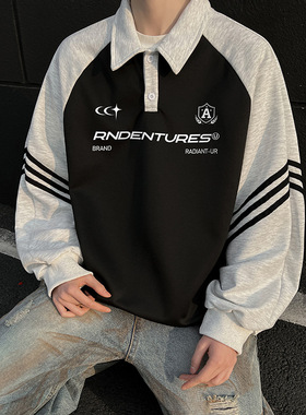 现货 华棉美式潮牌拼接插肩袖圆领宽松大码卫衣A456-WY06-P48黑色