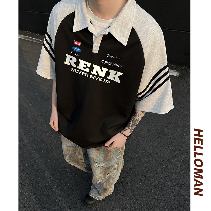 现货美式复古黑白拼接polo衫短袖男插肩袖t恤A456-T889-P40,男装T恤,电商A456（原C415）