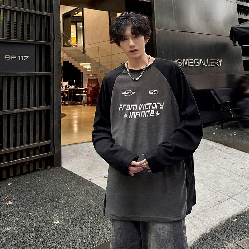 现货德绒长袖T恤美式拼接插肩袖内搭宽松打底衫DR166-P25,男装T恤,电商A456（原C415）