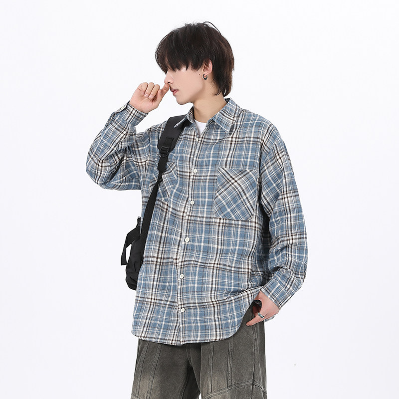 现货W件格子衬衫男学生大码宽松潮牌工装衬衣外套CY01控58,男装衬衫,电商A456（原C415）