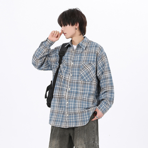 现货W件格子衬衫男学生大码宽松潮牌工装衬衣外套CY01控58图片