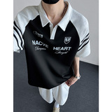 现货美式复古黑白拼接polo衫短袖男插肩袖宽松t恤A456-T891-P40，男装Polo衫，电商A456（原C415）