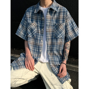 现货短袖格子衬衫男大码潮牌潮流双口袋工装衬衣A456-CY05-P27特图片